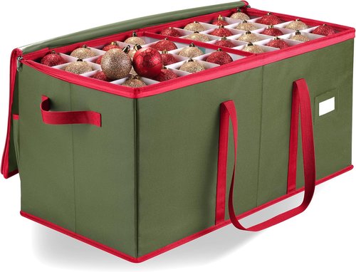 Christmas Ornament Storage | Store Up to 128 Ornaments - Adjustable Dividers, Zippered Top, Green