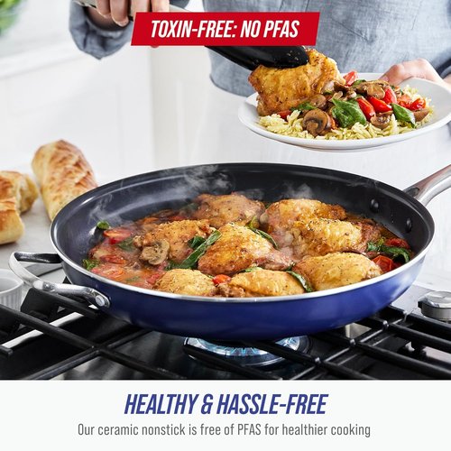 Blue Diamond | 14" Nonstick Ceramic Frying Pan - PFAS-Free Jumbo Cooker with Helper Handle, Dishwasher & Oven Safe