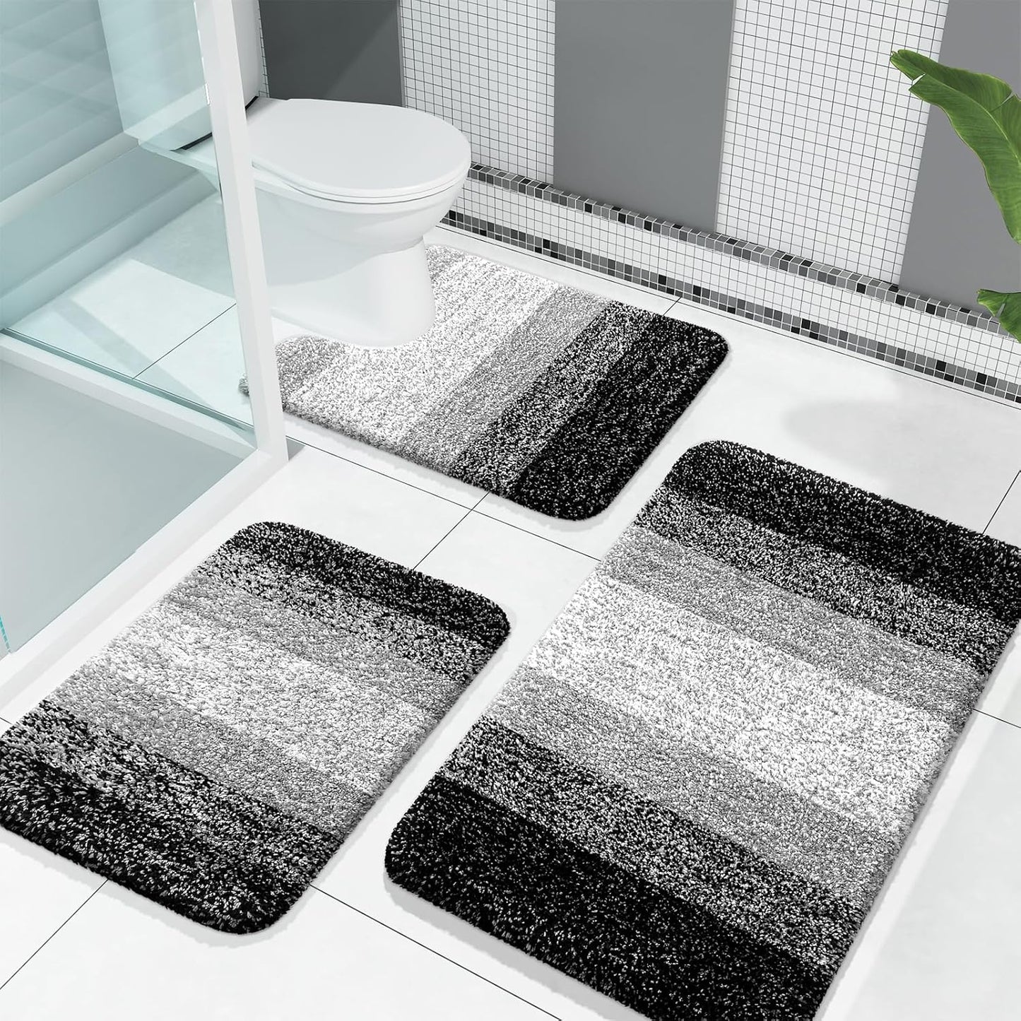 OLANLY Bathroom Rug Set - Soft Absorbent Microfiber Mats & U-Shaped Contour Rug | 3-Piece Black Set (30"x20"+24"x16"+24"x20")