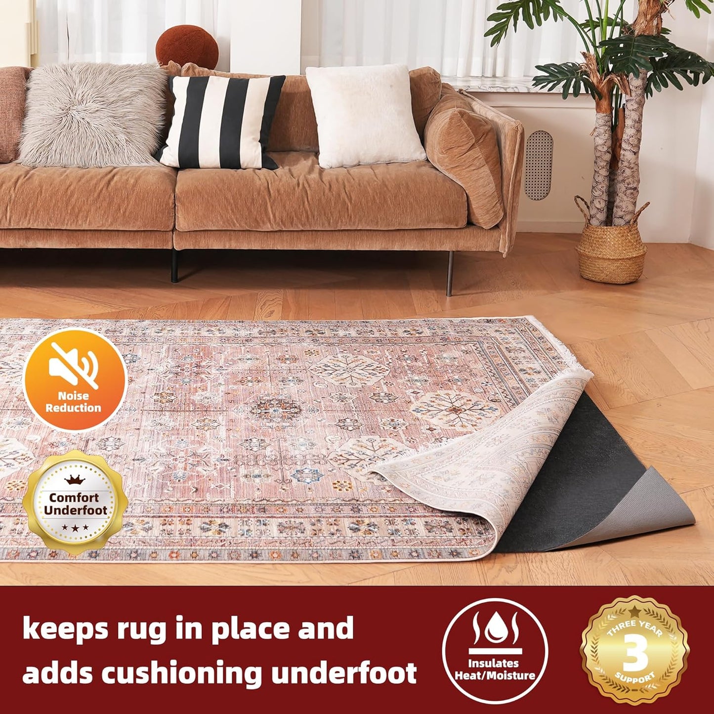BAGAIL Non-Slip Rug Pads - 1/4” Thick Felt & Natural Rubber Backing | 5 x 7 Ft Carpet Grippers for Hardwood Floors