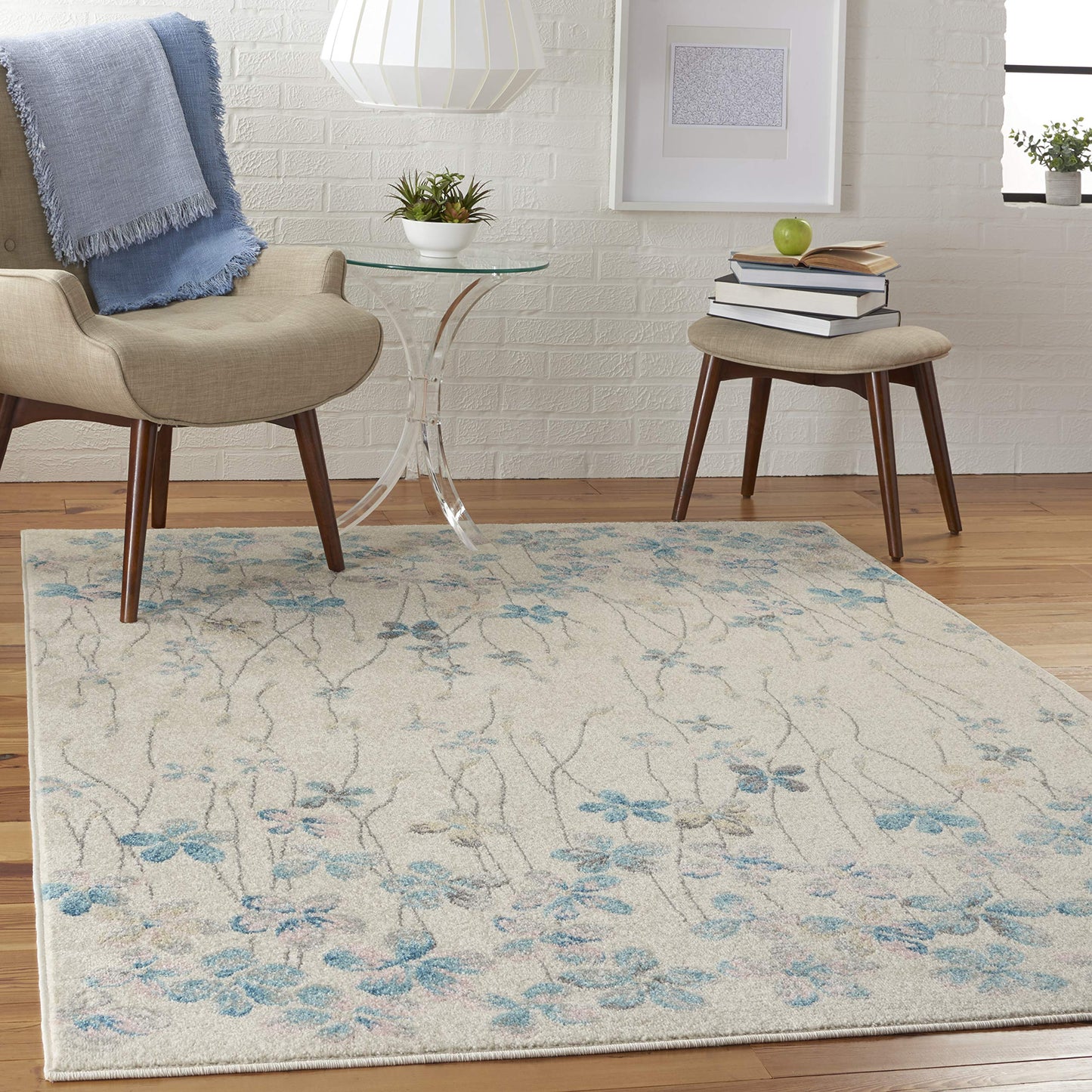 Nourison Tranquil Floral Ivory 5'3" x 7'3" Area -Rug, Easy -Cleaning, Non Shedding, Bed Room, Living Room, Dining Room, Kitchen (5x7)