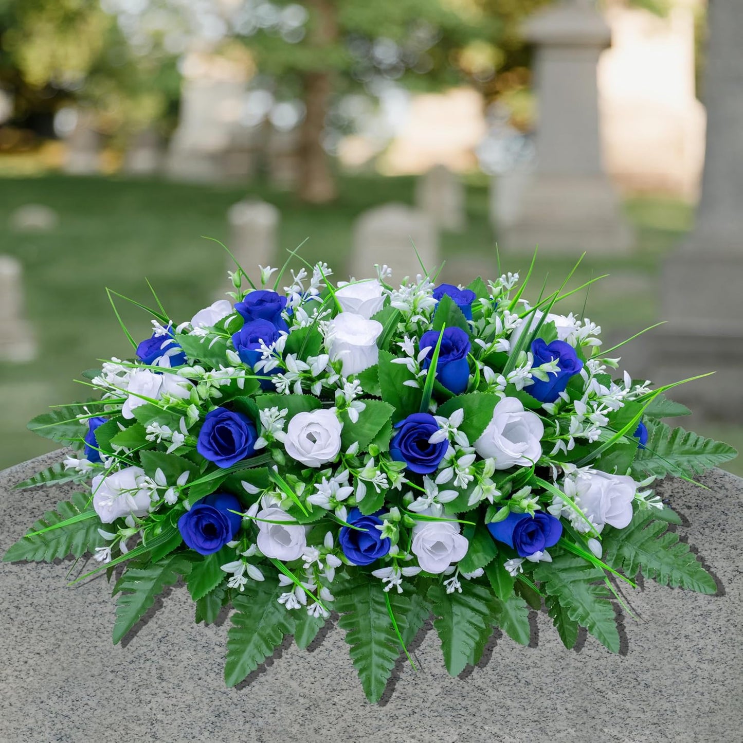 LVXINLI Artificial Cemetery Flowers - Saddle-Shaped Tombstone Decorations | UV-Resistant Blue & White