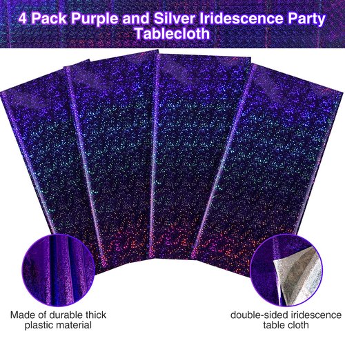 FunnyPars 4 Pack Iridescent Plastic Tablecloths Shiny Disposable Laser Rectangle Table Covers Holographic Foil Tablecloth Iridescent Kpop Birthday Bridal Wedding Party Decoration, 54"x108"(Purple)