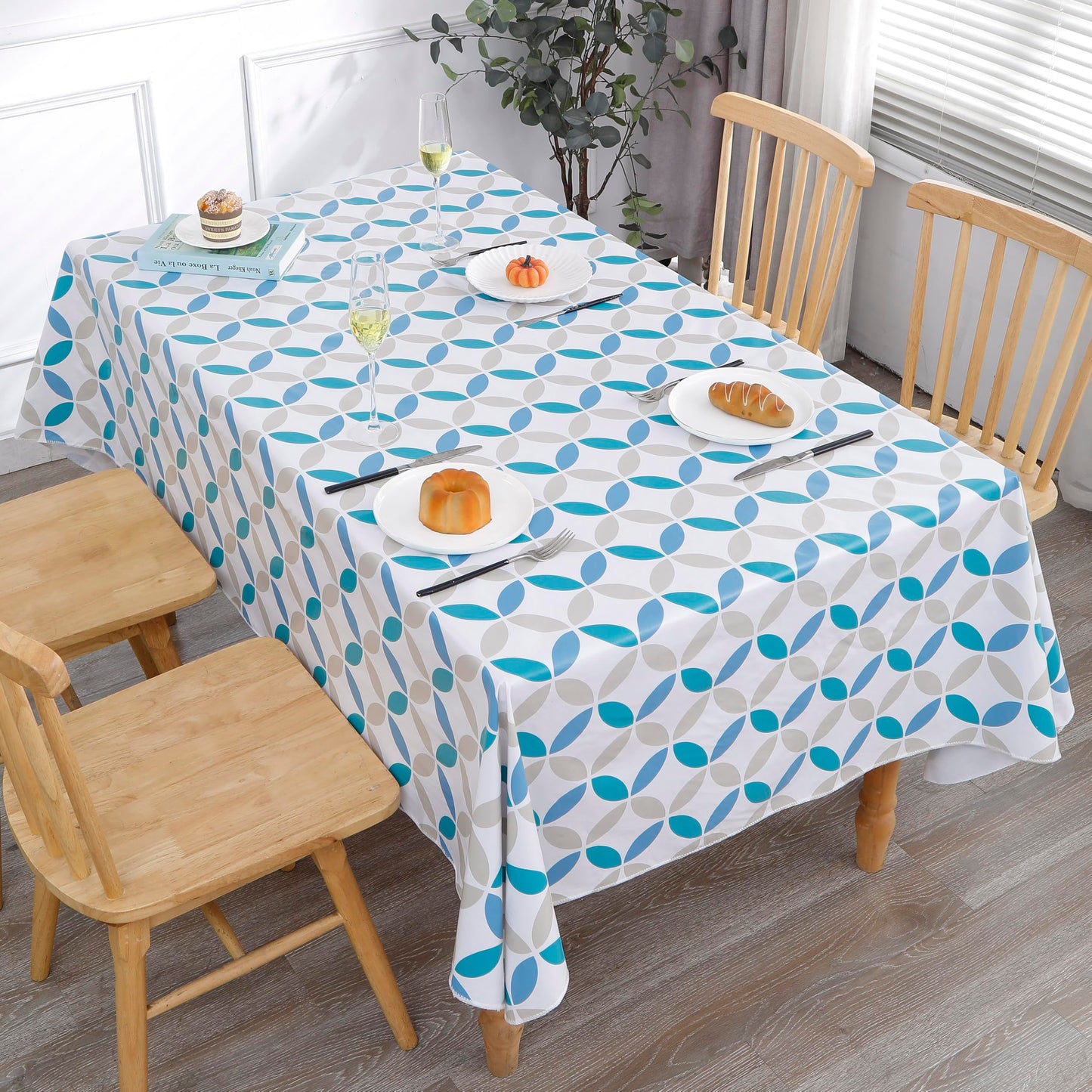 Walrus Heavy Duty Vinyl Tablecloth with Flannel Backing Waterproof Oil-Proof Plastic Table Cloth Stain-Resistant Wipeable Table Cover for Indoor and Outdoor (Geometric Leaf,52x70 Inch)
