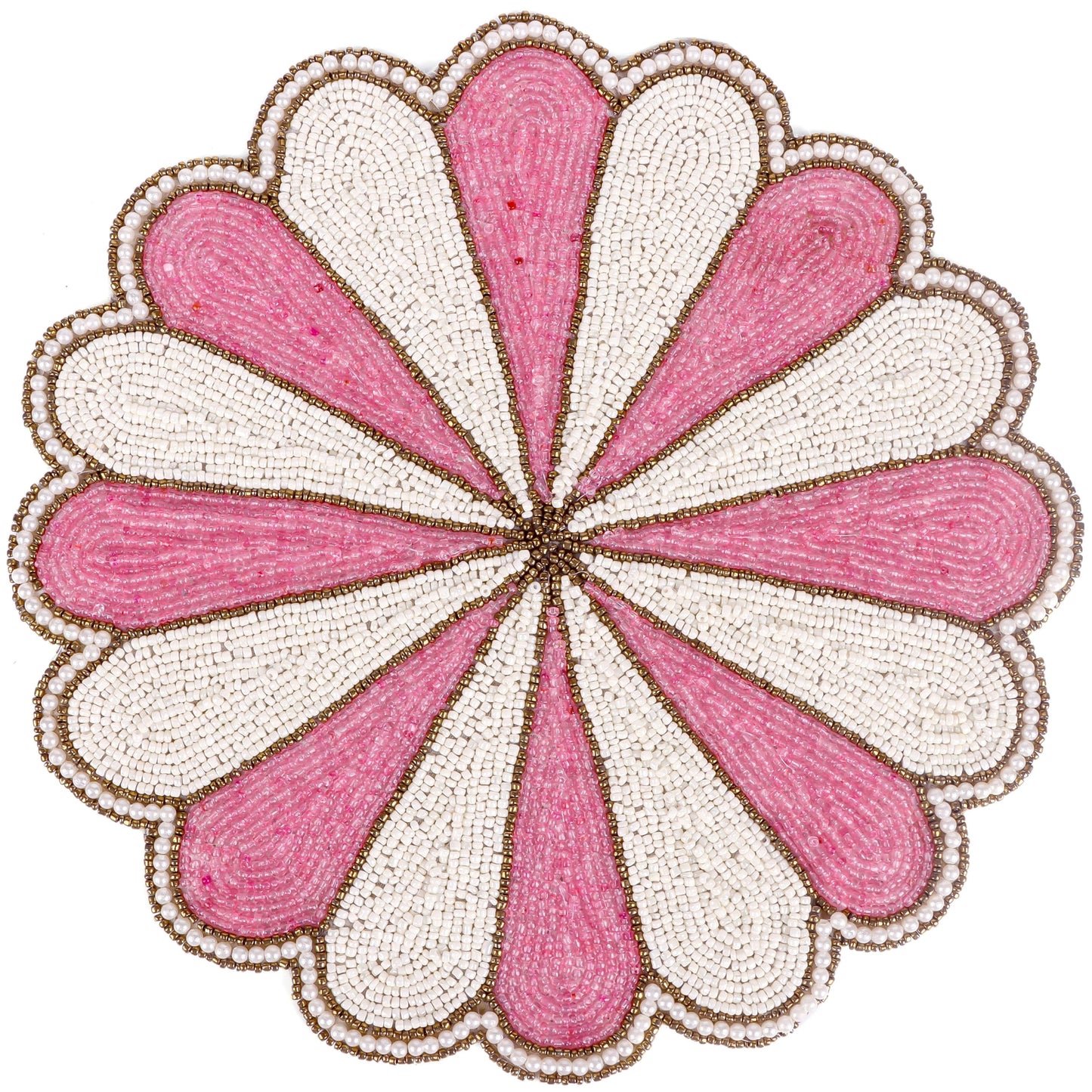 Decorative Beaded Table Mat - 13-Inch Placemat for Dining & Coffee Tables - Handcrafted Beaded Charger Plate - Elegant Place Mat for Dinner Parties & Home Décor (Pink White) - ALPHA Living HOME