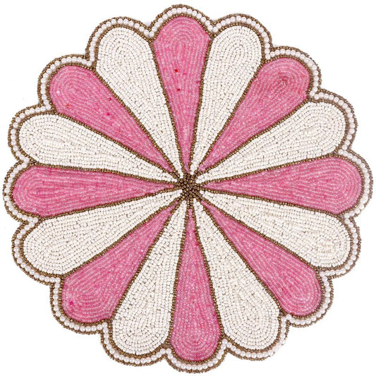 Decorative Beaded Table Mat - 13-Inch Placemat for Dining & Coffee Tables - Handcrafted Beaded Charger Plate - Elegant Place Mat for Dinner Parties & Home Décor (Pink White) - ALPHA Living HOME