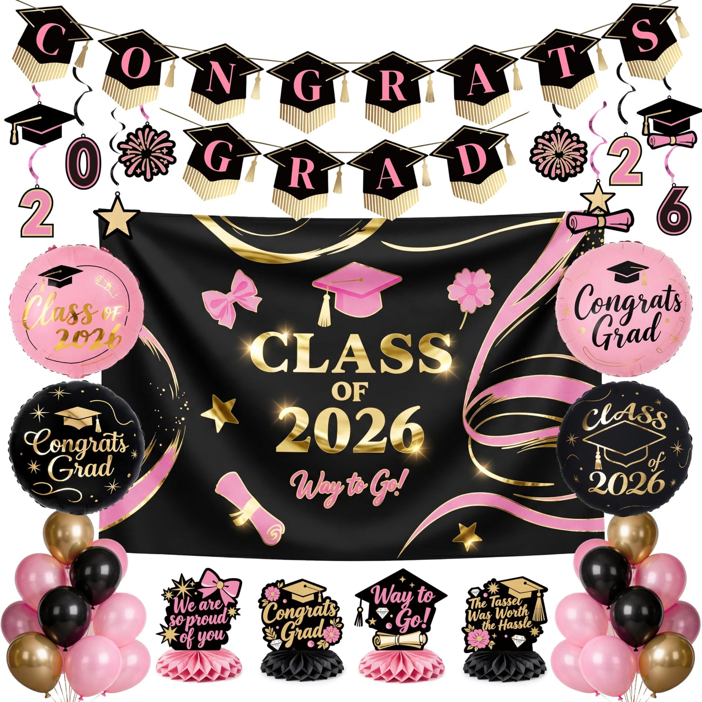 PartyWoo Graduation Decorations Class of 2026 Black Pink Gold 40pcs Grad Party Supplies with Congrats Grad Black Backdrop Banner Hanging Swirls Foil Latex Balloons Graduation Cap Centerpieces Party