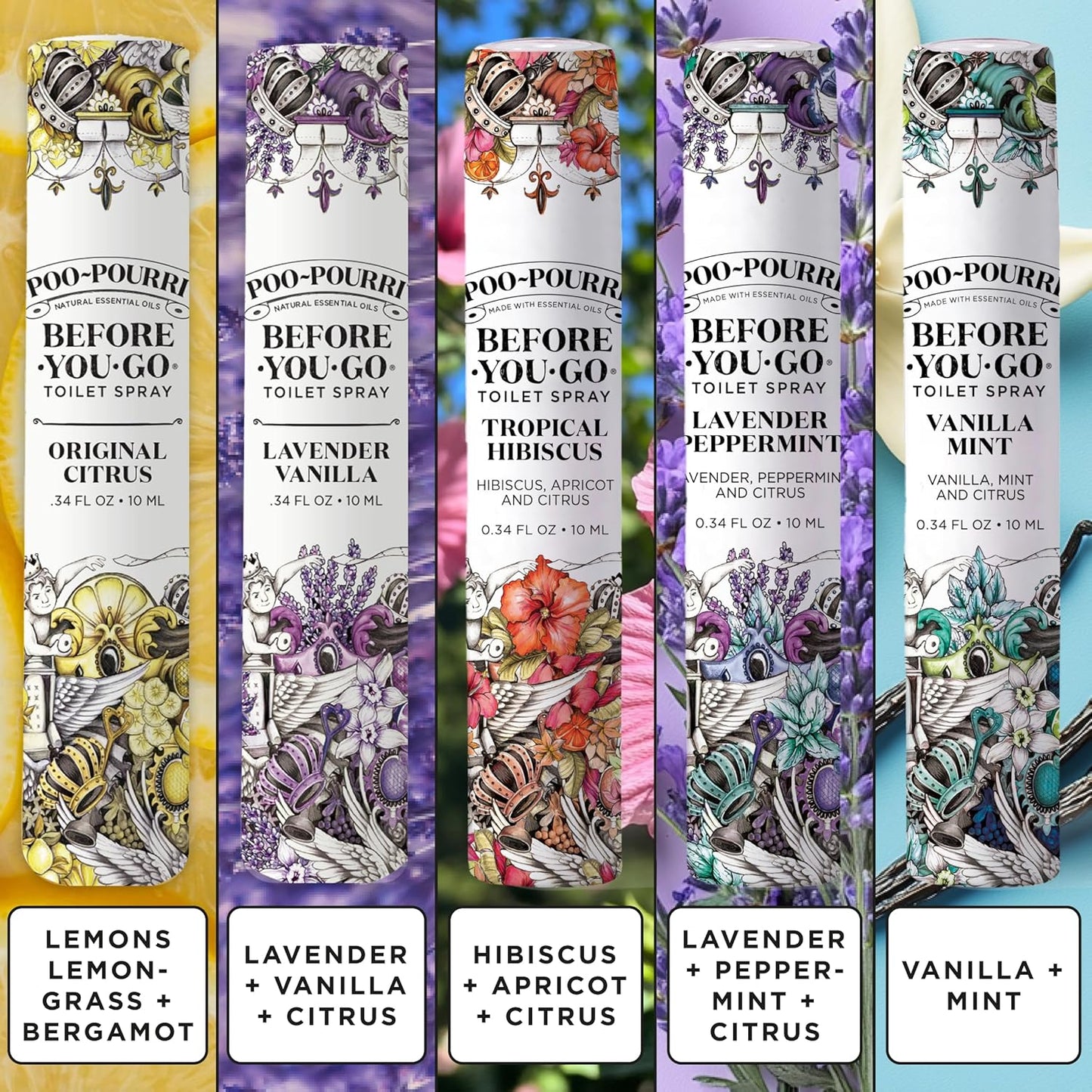 Poo-Pourri Toilet Spray | Travel Essentials Variety Pack - 5 Scents, TSA Approved, 0.34 Fl Oz Each