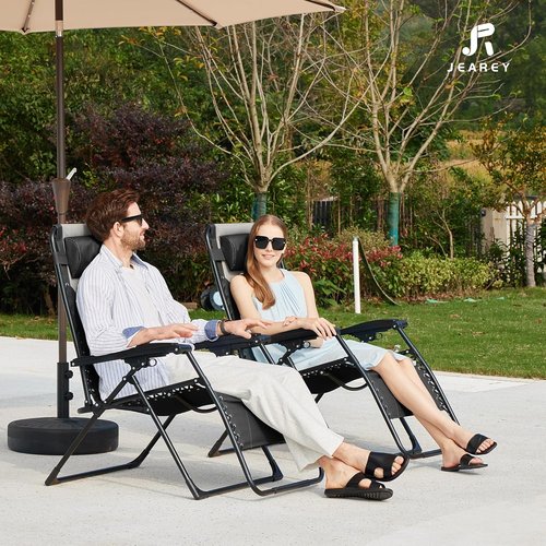 JEAREY Oversized Padded Zero Gravity Chair - Comfortable Folding Lounge Chair with Headrest, Cup Holder & Side Tray | Black/Gray