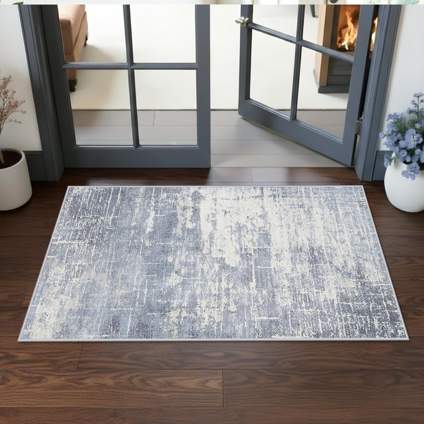 Skiennix Washable Kitchen Area Rug - Abstract Stain-Resistant Design | Non-Slip, Ultra Soft, 2x4 ft, Blue/Ivory