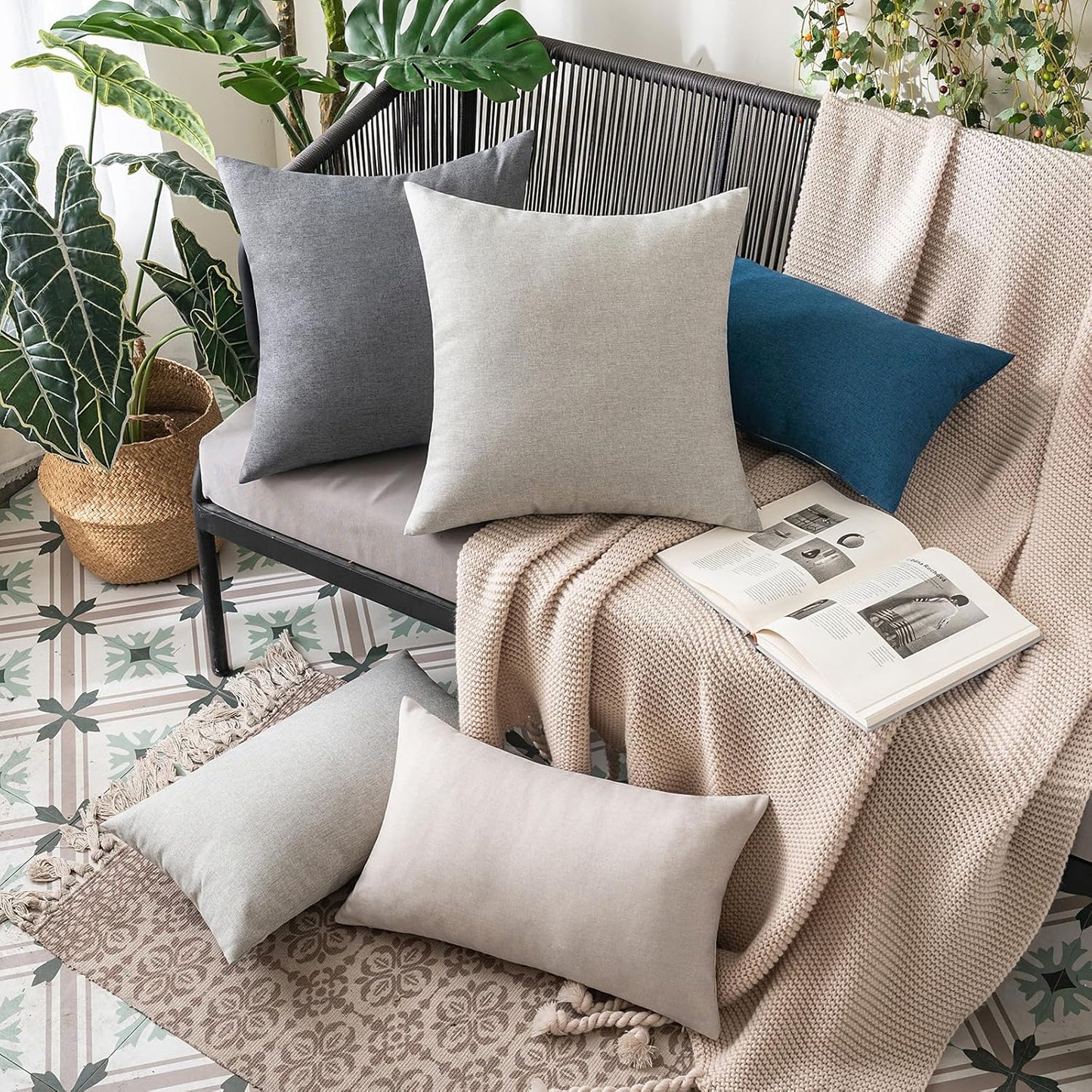 MIULEE Decorative Outdoor Throw Pillow Covers - Waterproof Faux Linen Cushion Cases | 12x12 Inch Light Grey (Pack of 2)