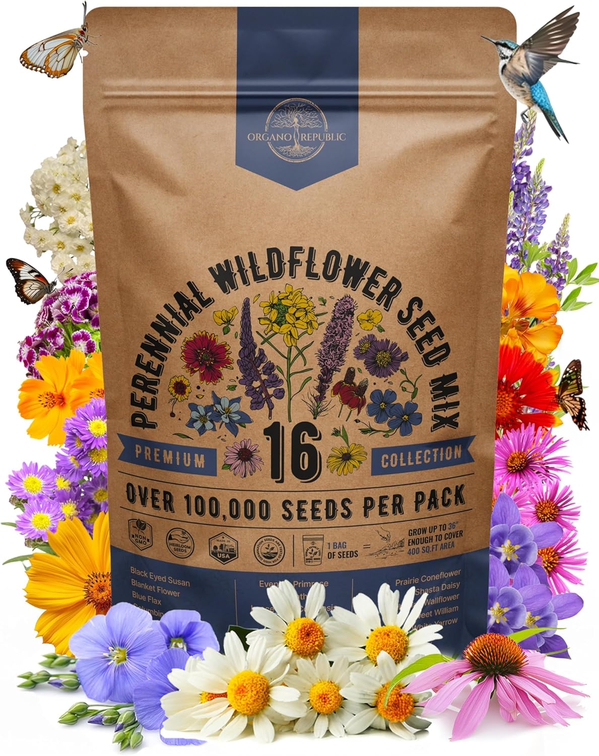 Organo Republic Wildflower Seeds Mix - 100,000+ Non-GMO Heirloom Seeds for Indoor & Outdoor Gardens | 4oz Packet