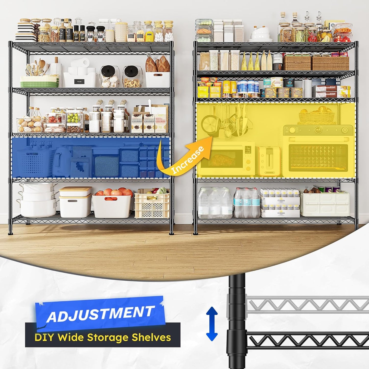 Skiennix 5-Tier Wire Shelving Unit - Adjustable Metal Storage Shelves for Kitchen, Garage & Pantry | 45"W x 13.5"D x 70.5"H - Black