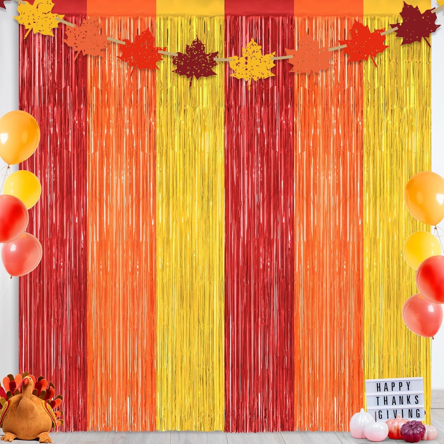 Regine Switzerland Thanksgiving Backdrop - 2 Pack Red Orange Gold Metallic Fringe Curtains | 3.28 FT x 7.05 FT Party Decor