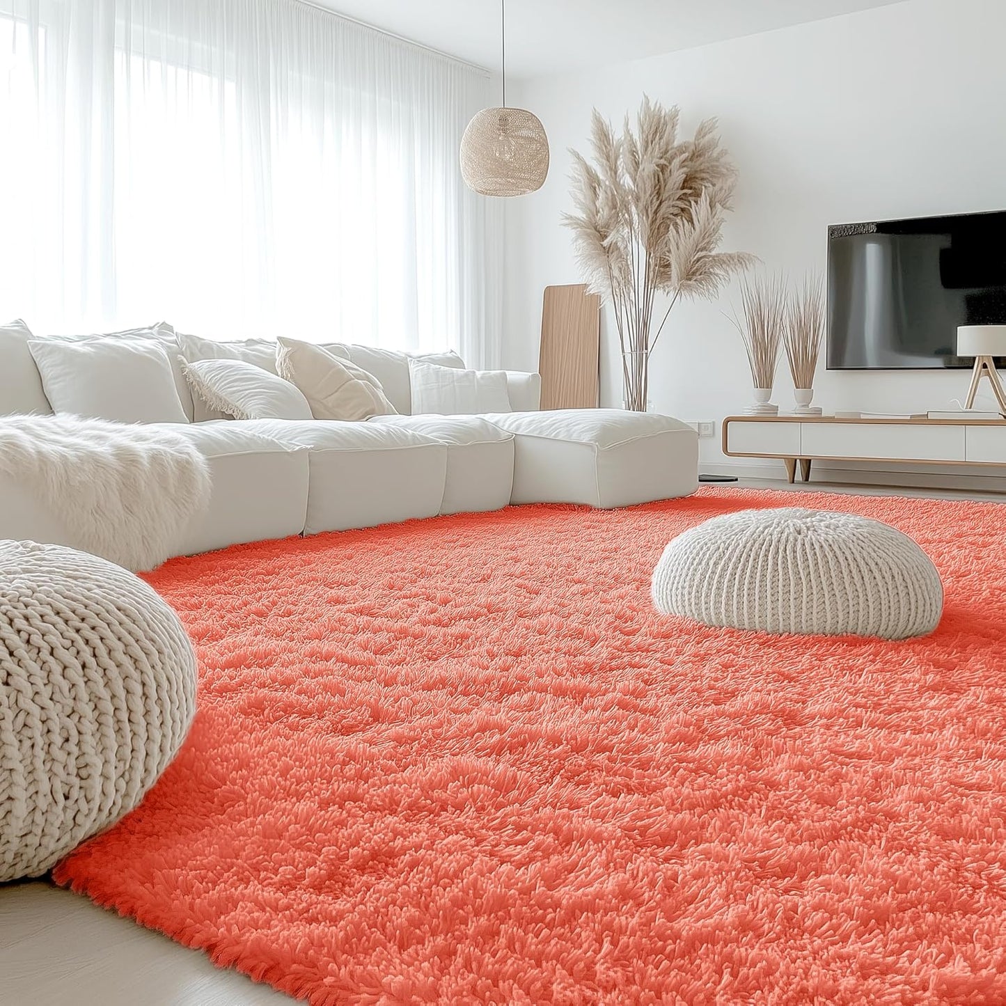 OLANLY Large Machine Washable Area Rug - Soft Fluffy Shaggy Carpet for Living Room & Bedroom | Coral Red 9x12