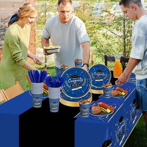 Graduation Decorations Class of 2026 Graduation Party Decorations,147 PCS Disposable Congrats Grad Tableware,Blue and Black Tablecloth Knives Fork Plates Napkin Cups for School,College,Party,Serve 24