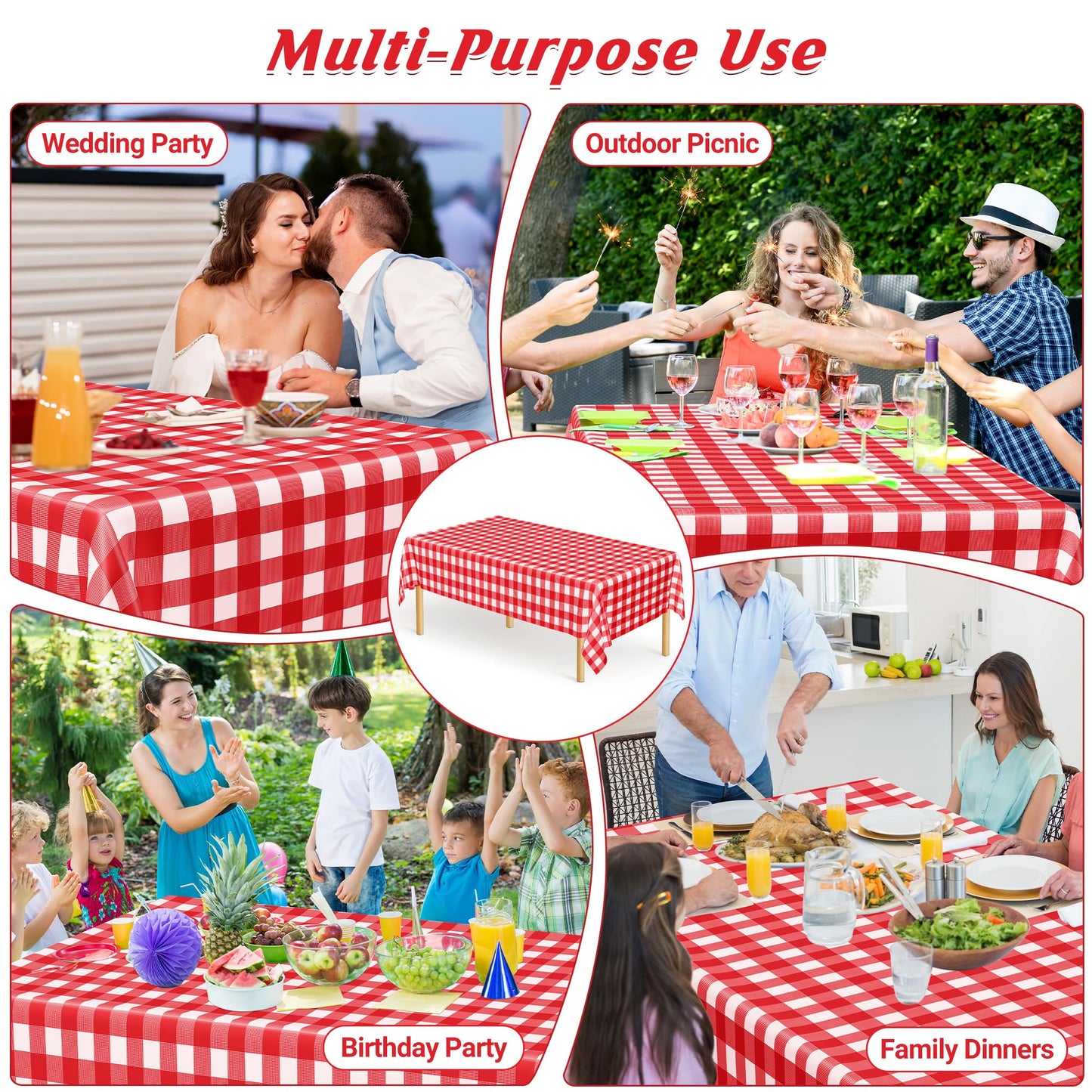 12Pack 54" x 108" Table Cloth Rectangle Table, Waterproof Plastic Table Cloth Ddisposable, Red and White Checkered Tablecloth Table Cover for Outdoor Picnic Birthday Party Gathering BBQ Holiday Dinner