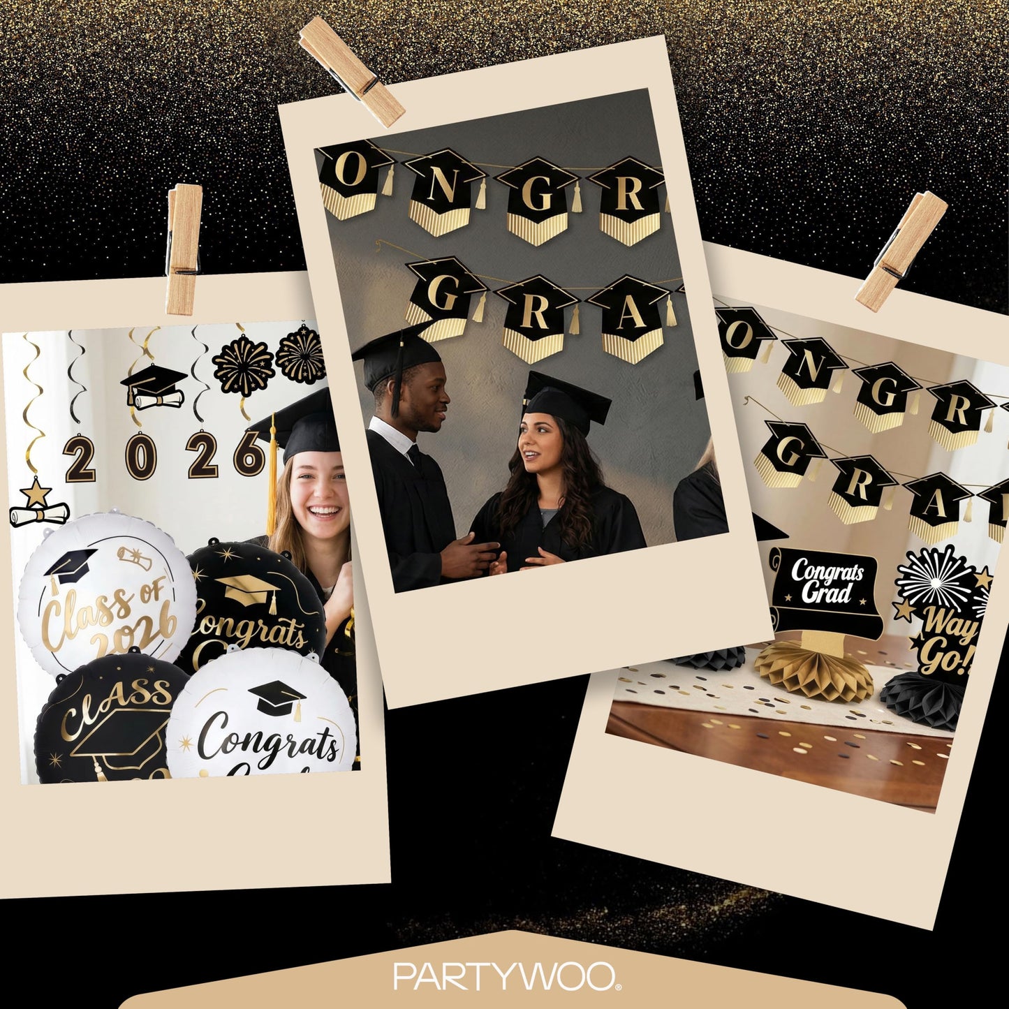 PartyWoo Graduation Decorations Class of 2026 Black Gold 19pcs Grad Party Supplies with Black Gold Congrats 2026 Grad Banner Hanging Swirls Foil Balloons Graduation Cap Centerpieces Party Decorations