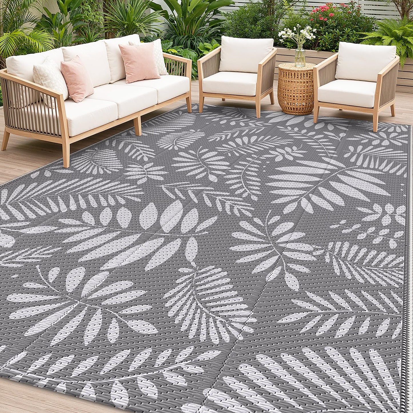 StepRite Outdoor Rug, Patio Rug, Plastic Straw Camping Rugs, Large Waterproof Area Rug and Mat for Outdoors, RV, Patio, Backyard, Deck, Porch, Beach, Balcony, (5'x 8', White&Gray)