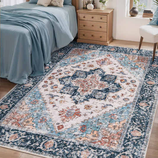 SERISSA Bedroom Rug 4x6 Boho Rug, Vintage Washable Area Rugs Non Slip, Ultra Soft Print Distressed Low-Pile Throw Rug Blue Orange Carpet for Nursery Dorm Kitchen Living Room Decor