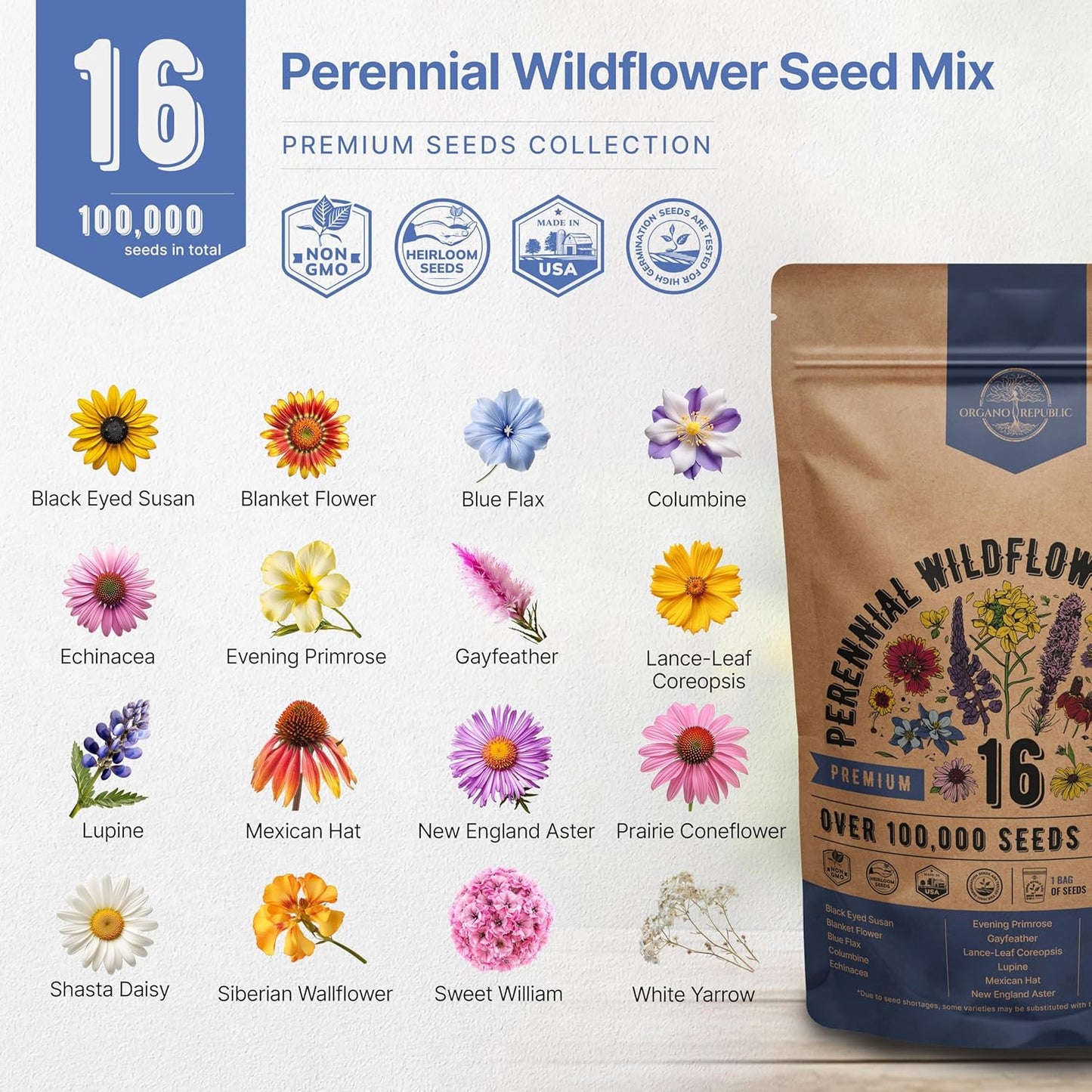 Organo Republic Wildflower Seeds Mix - 100,000+ Non-GMO Heirloom Seeds for Indoor & Outdoor Gardens | 4oz Packet