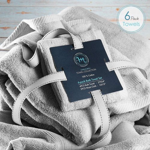 Hearth & Harbor Bath Towels - Luxury 100% Ring Spun Cotton Set of 6 - Ultra Soft & Highly Absorbent in Silver Gray