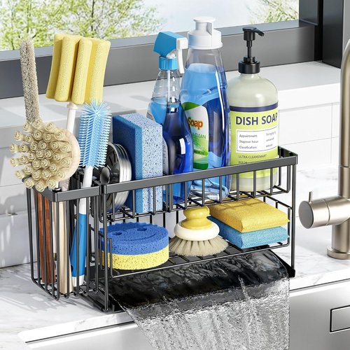 Cisily 2-Tier Kitchen Sink Caddy Organizer - Flexible Dish Brush & Sponge Holder | Stainless Steel Storage Solution