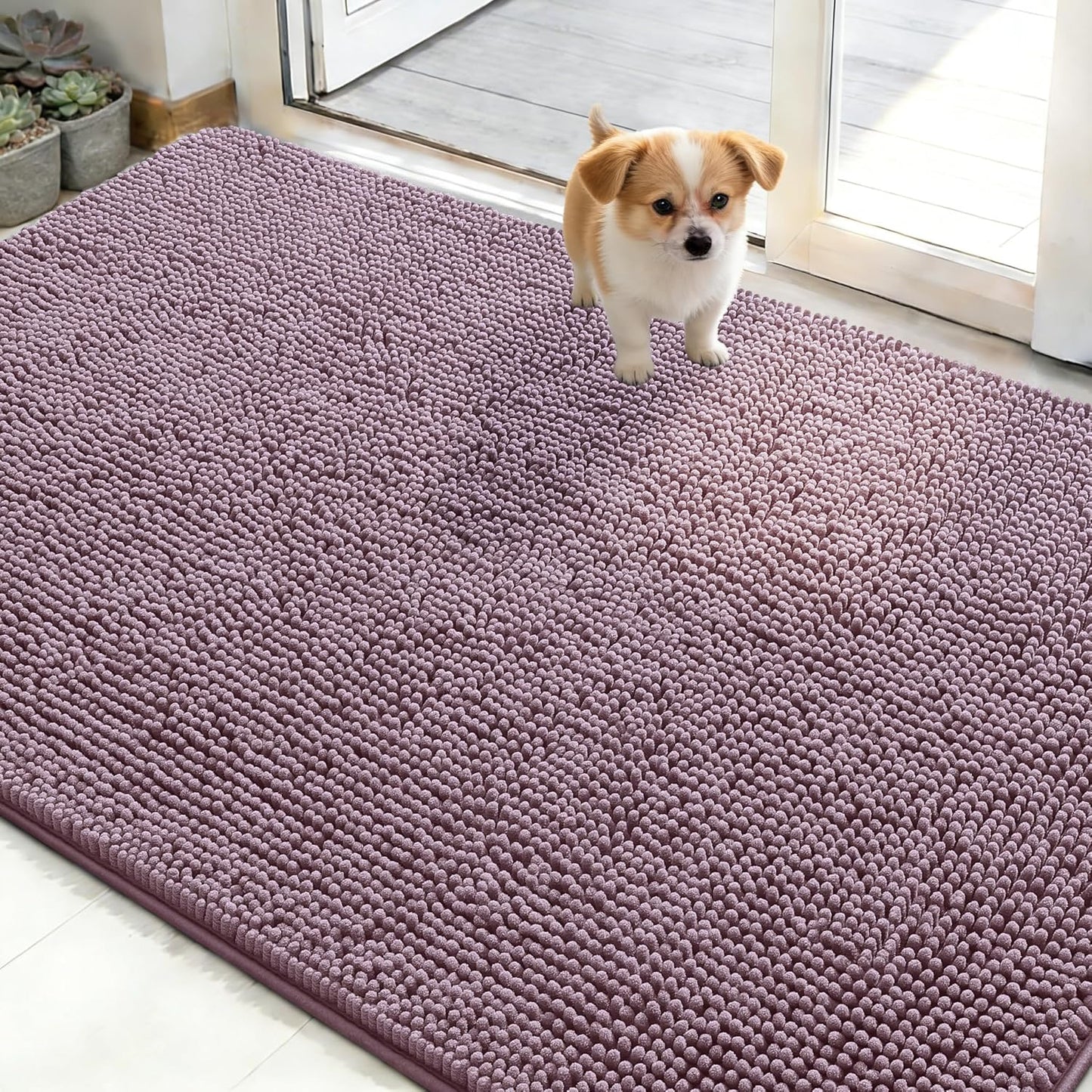OLANLY Dog Door Mat - Absorbent Non-Slip Chenille Mat for Muddy Paws | 48x30, Deep Plum Color