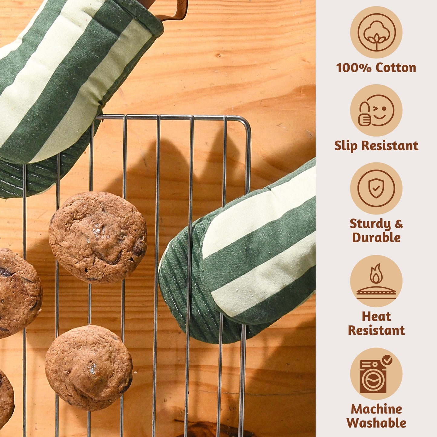 Folkulture Oven Mitts - Set of 2 (5.75"x9") | Oven Mitts with Hanging Loop for Cooking Gifts for Women, Kitchen Decor| 100% Cotton, Silicone Heat Resistant Mini Mitts - House Warming Gifts (Matcha)