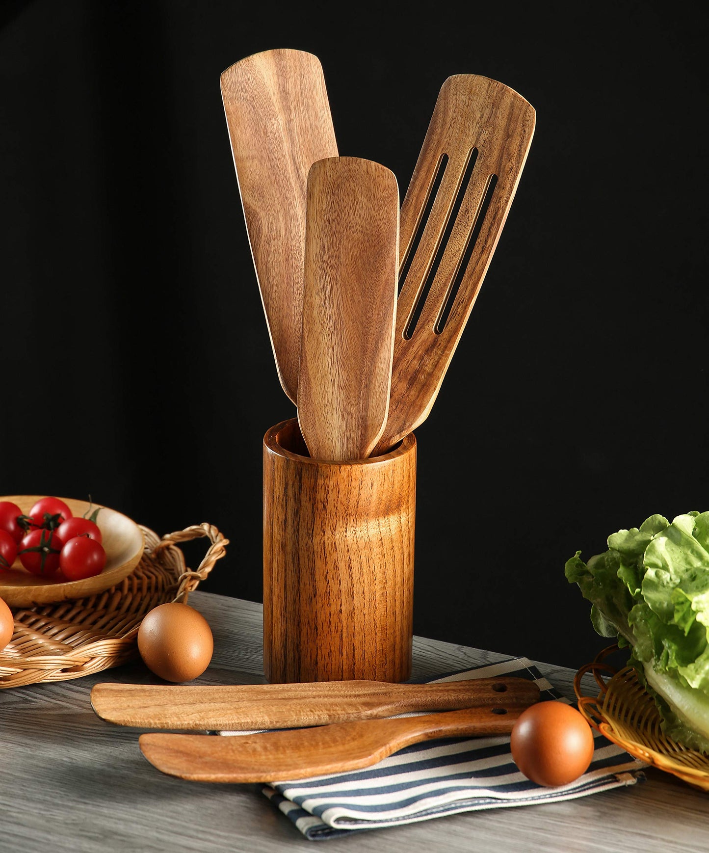 NAYAHOSE Wooden Spurtles Set with Holder, Natural Teak Kitchen Utensil Set of 6, Heat Resistant Non Stick Wood Cookware with Hanging Hole, Wood Spurtles Spatula Sets for Stirring, Mixing, Serving