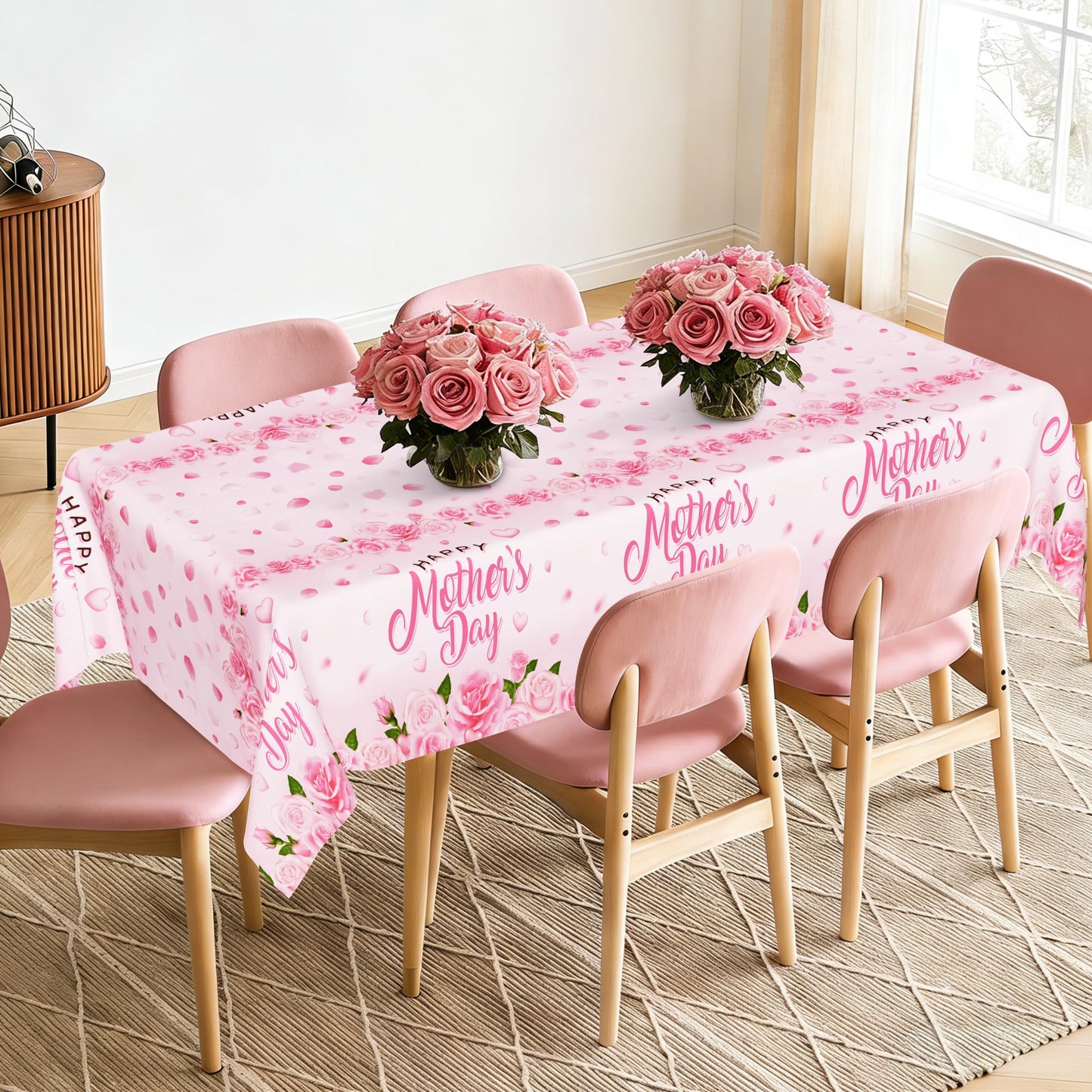 QZYL 3 Pack Mothers Day Table Cloths, 108" x 54" Mother's Day Decorations, Plastic Pink Disposable Table Decor with Roses Floral Flowers, Waterproof Rectangular Tablecloth for Best Mom Party Supplies