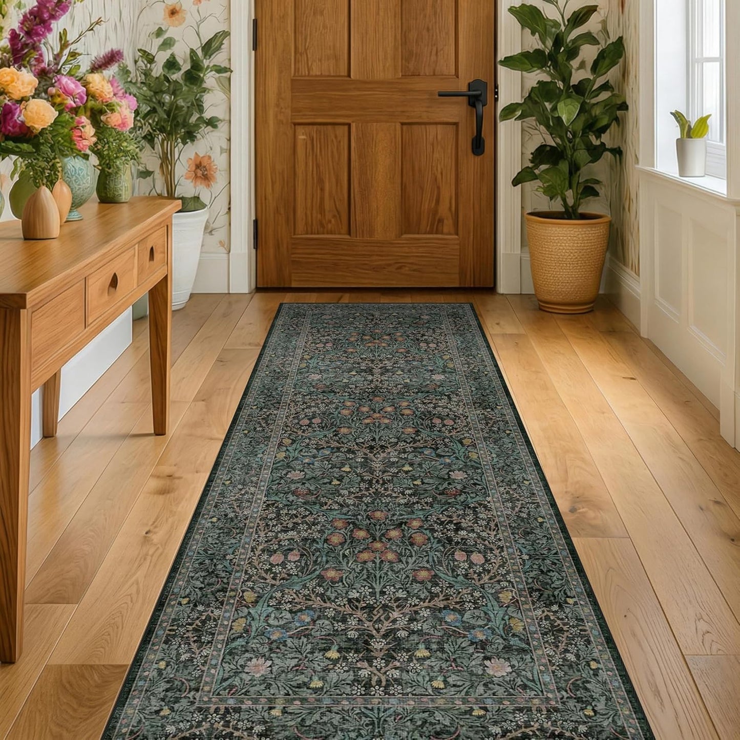 Skiennix 8ft Non-Slip Hallway Runner - Washable Rubber Backing, Stain Resistant | Vintage Floral Dark Green & Black
