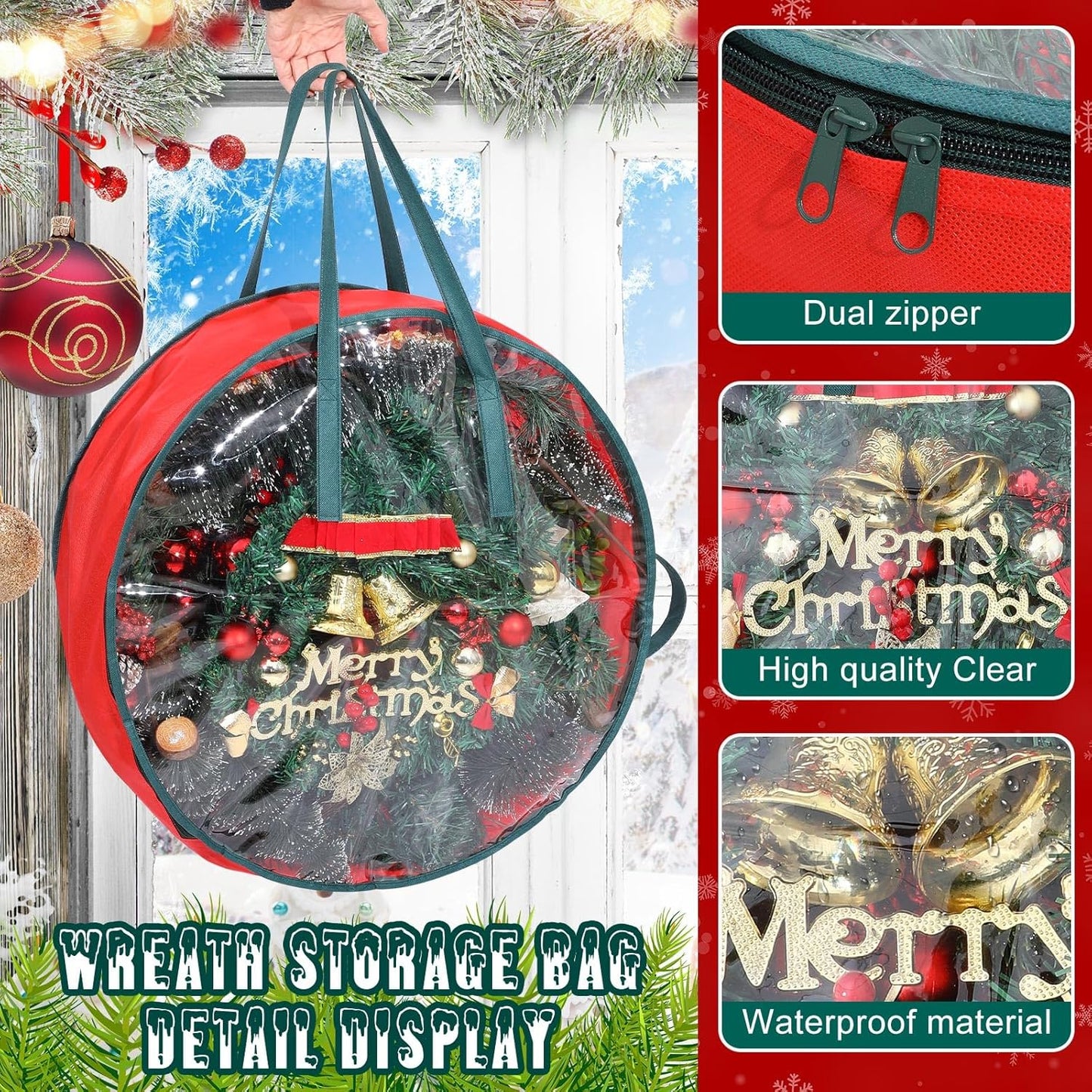 Shappy Wreath Storage Bag - 8 Pcs Red Clear Window Containers with Handles for Holiday Decor