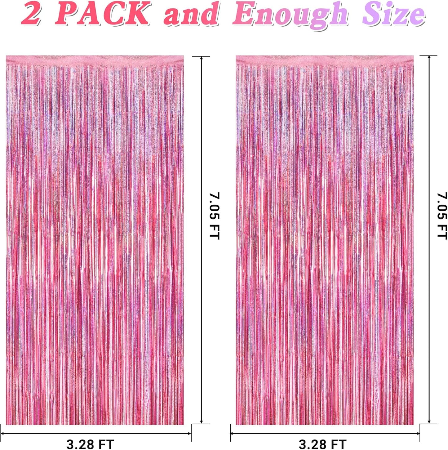 Skiennix Glitter Pink Backdrop - 2 Pack Laser Pink Fringe Curtains | 3.28 FT x 7.05 FT Birthday Party Decorations