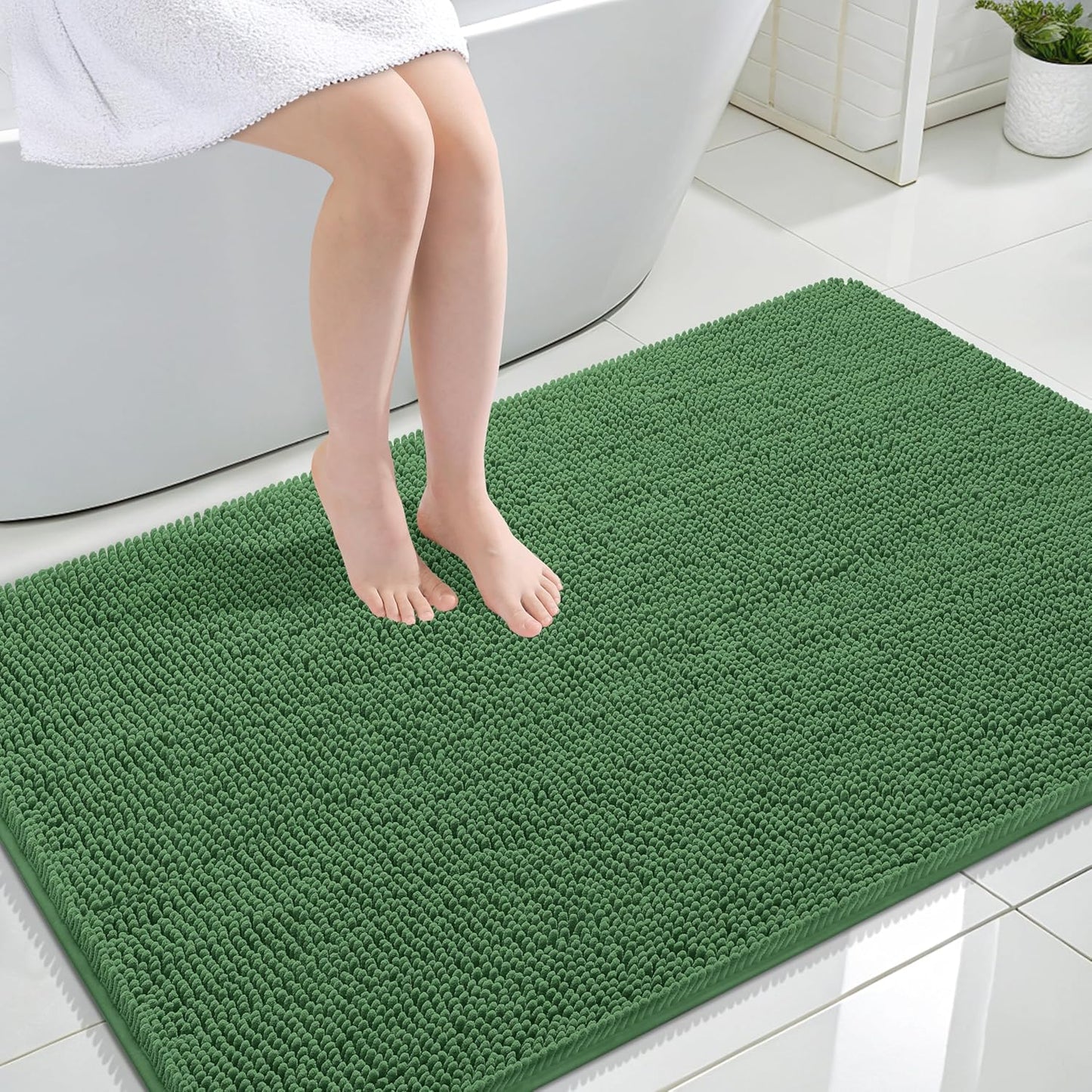 OLANLY Large Bath Rugs - Extra Soft Chenille, Quick-Dry Rubber Backing | 44x32, Olive Green