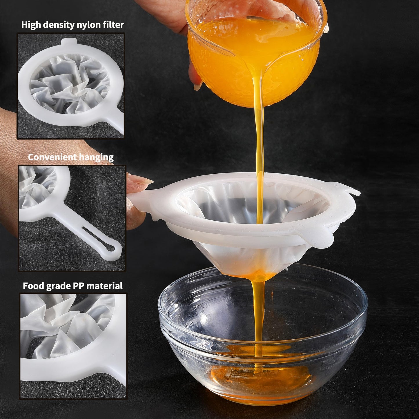 VRUIFA 2PCS Plastic Fine Mesh Strainer, Nylon Ultra Strainer for Juice,Yogurt, Coffee, Honey, Milk, Nut Milk with Handle (120+200Mesh)