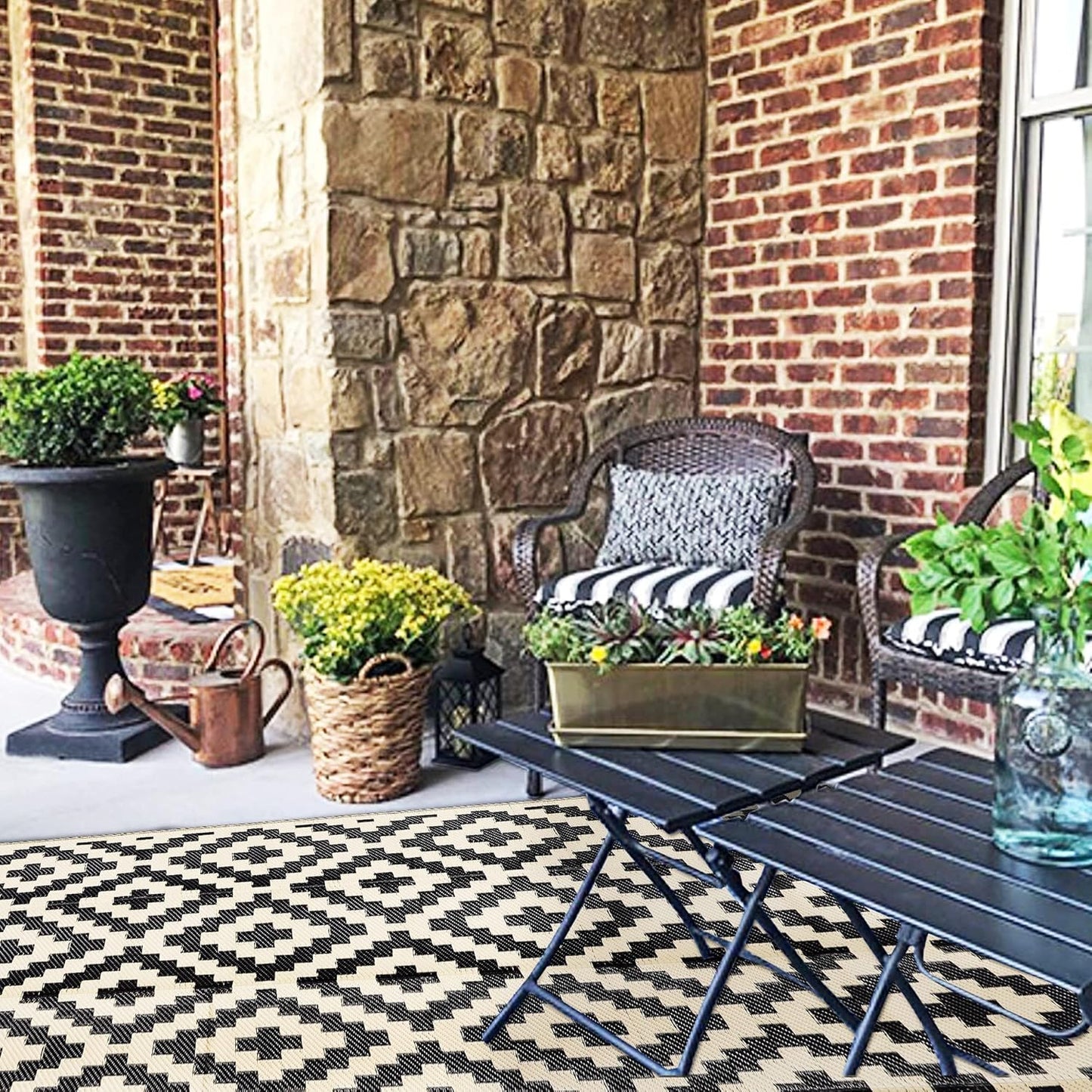 SAND MINE Waterproof Outdoor Rug - Reversible 5x8 ft Area Rug for Patio, Deck, Beach & Camping - Black & Beige