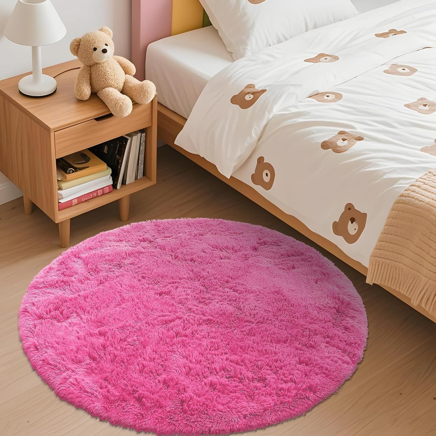 OLANLY Round Hot Pink Area Rug - Soft, Fluffy, Machine Washable 3 ft Carpet for Bedrooms & Nurseries