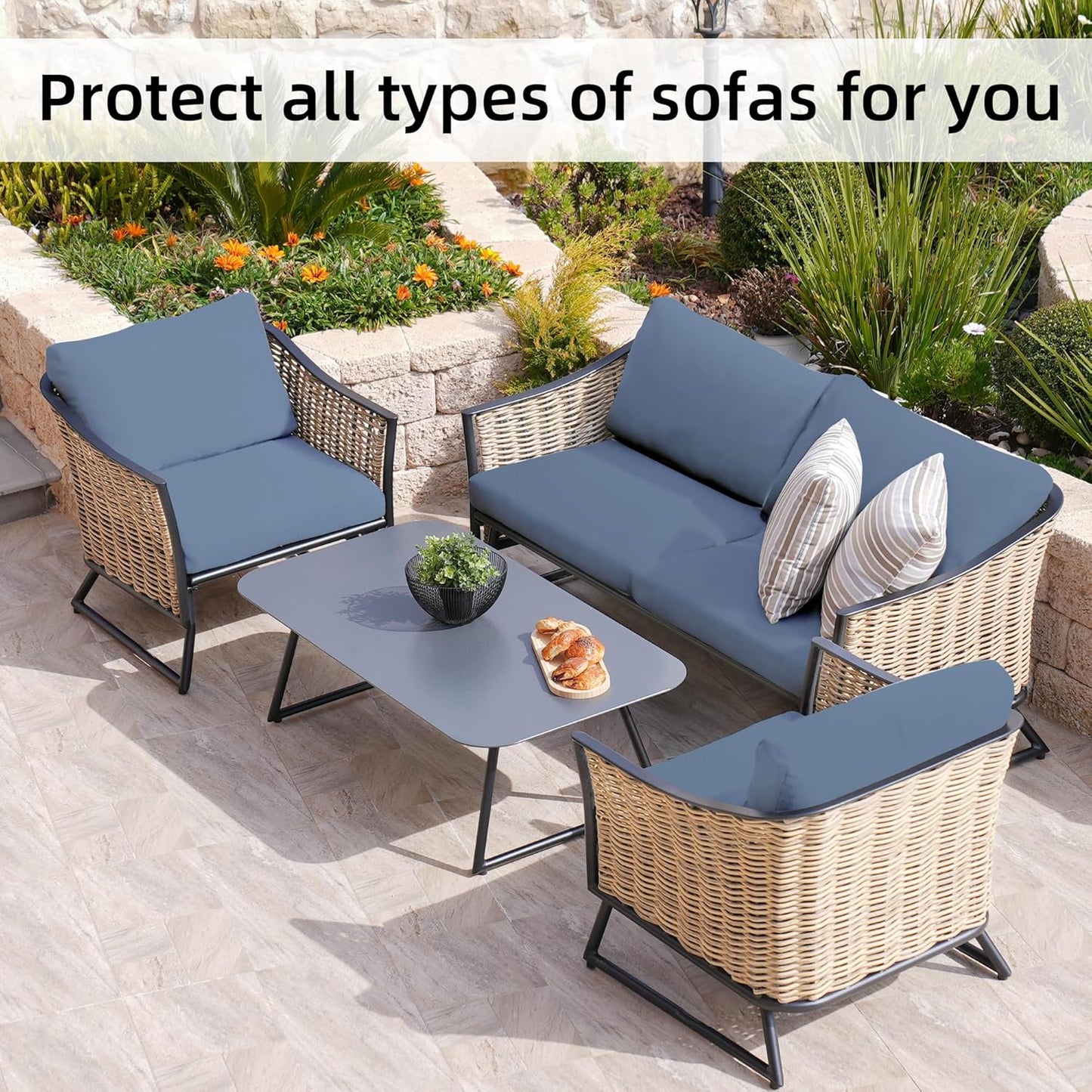 Skiennix 8-Piece Stretch Patio Cushion Covers - Washable Outdoor Sofa Slipcovers | Grey Blue
