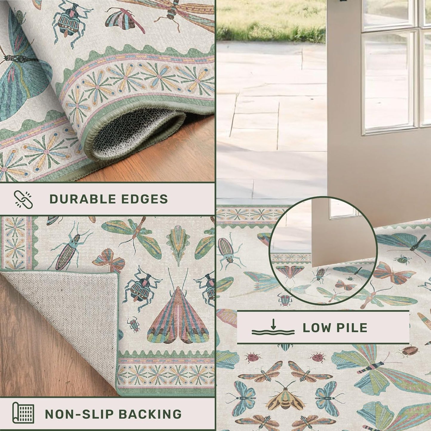 Skiennix Insect Print 8ft Hallway Runner Rug - Light Green, Washable Non-Slip Design for Entryways
