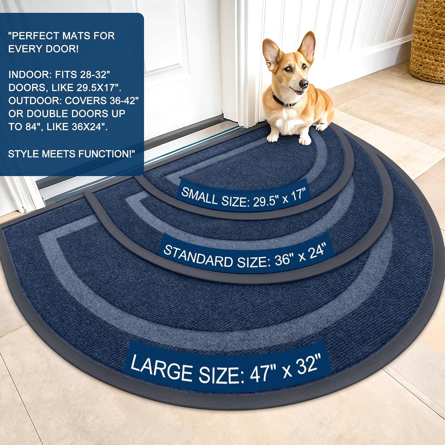 OLANLY Half Circle Door Mat - Waterproof All-Season Doormat for Indoor/Outdoor Use | 29.5x17, Blue