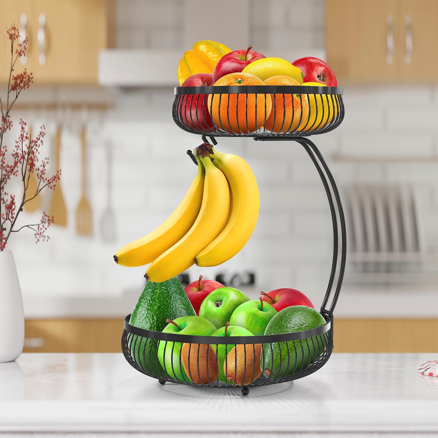 Simple Houseware 2-Tier Countertop Fruit Basket with Banana Hanger, Black