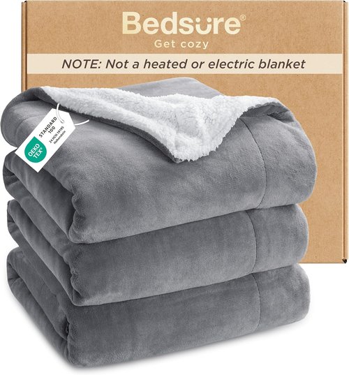 Bedsure GentleSoft Sherpa Fleece Queen Blanket - Thick, Warm, Plush Throw for Winter - Grey, 90x90 Inches