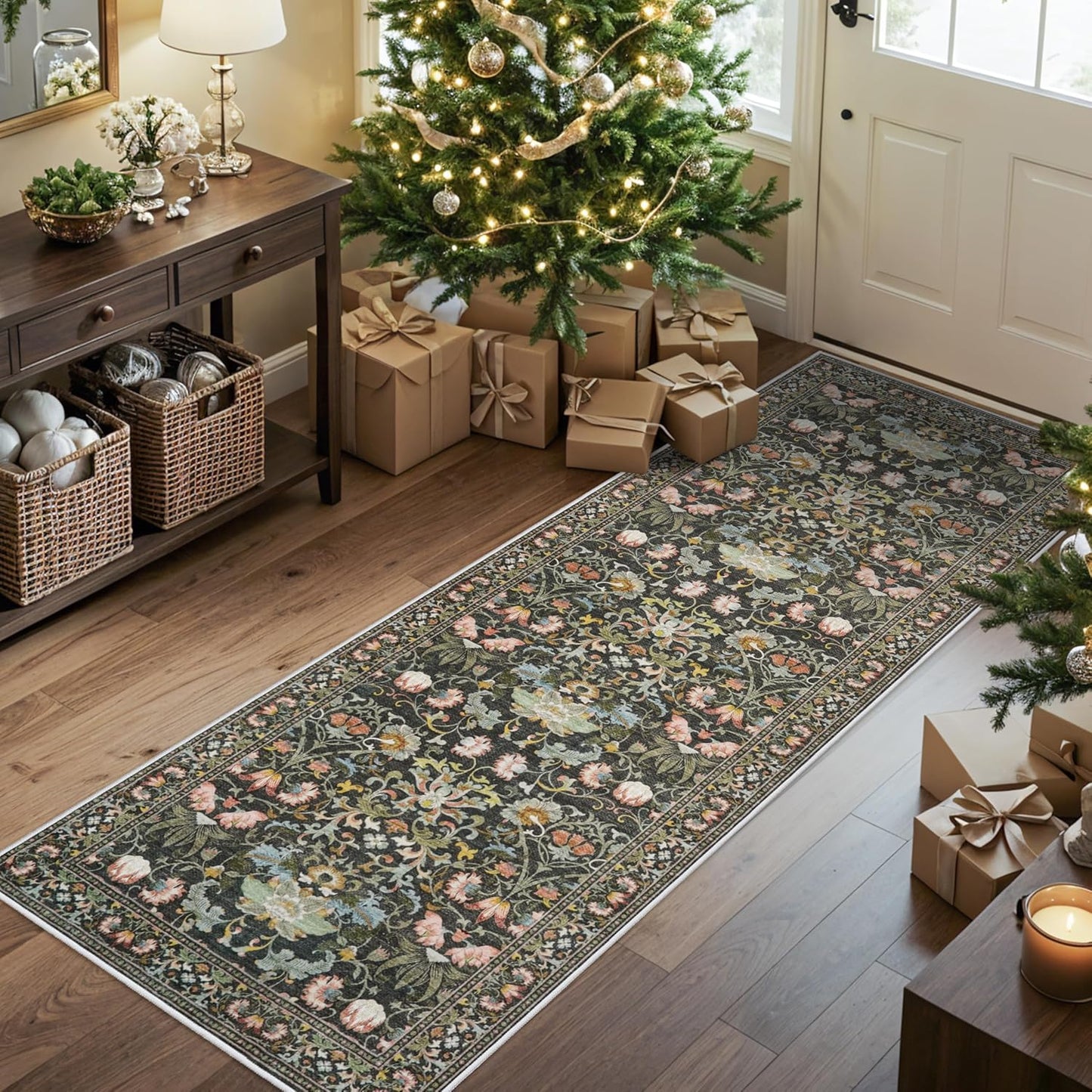 Skiennix Vintage Floral Hallway Runner Rug - Washable, Non-Slip, Water Resistant | 2x6, Green