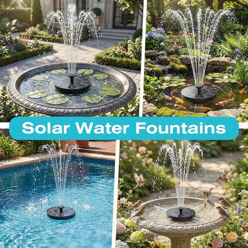 AMZtime Solar Fountain - 2026 Upgrade Bird Bath Water Feature with 6 Nozzles & 4 Fixed Rods | Perfect for Garden, Pool, Pond, and Patio