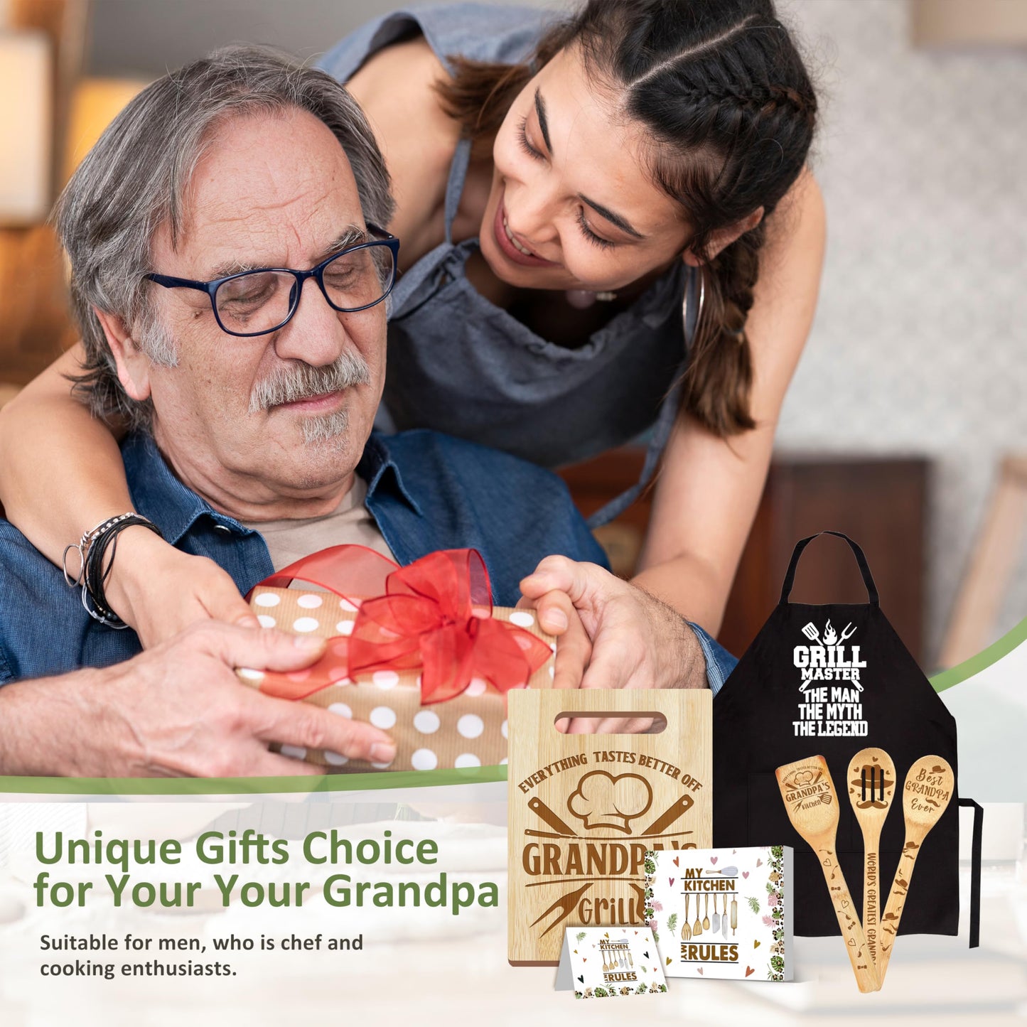 Grandpa Gifts, Christmas Grandpa Gifts from Grandkids, Grandpa Birthday Gift Wooden Cutting Board Utensils Set with Apron, Great Grandpa Grandparents Day Fathers Day Kitchen Gift