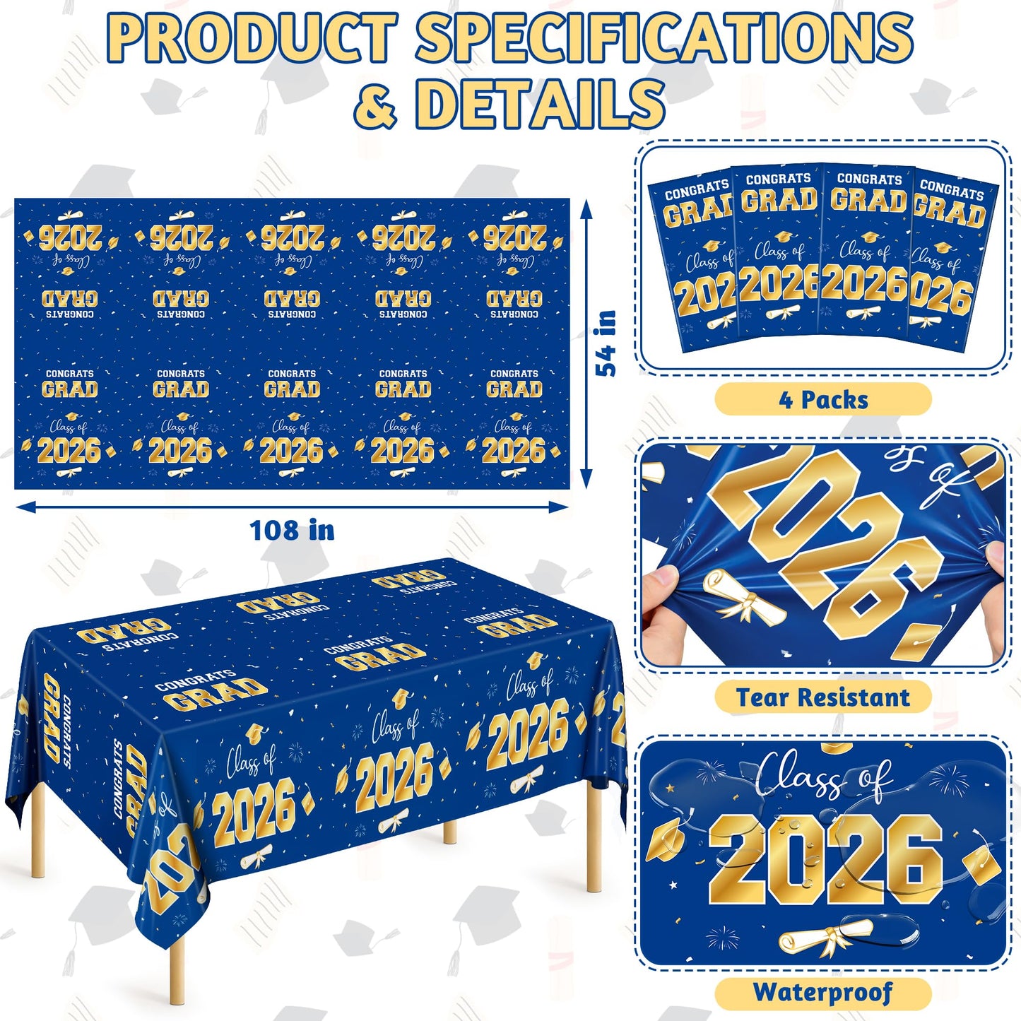 QZYL 4 Pack Graduation Decorations 2026, 54" x 108" Blue and Gold Disposable Graduation Table Cloths, Grad Party Decorations for Class of 2026, Rectangle Plastic Tablecloth for College Congrats Grad
