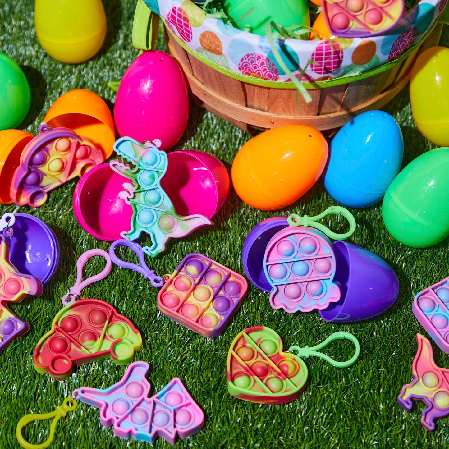 JOYIN 24 Pcs Pre Filled Easter Eggs with pop Keychain Toys for Easter Theme Party Favor, Pop Fidget Stress Relief Squeeze Bubble for Eggs Hunt, Classroom Exchange and Game Prize Supplies