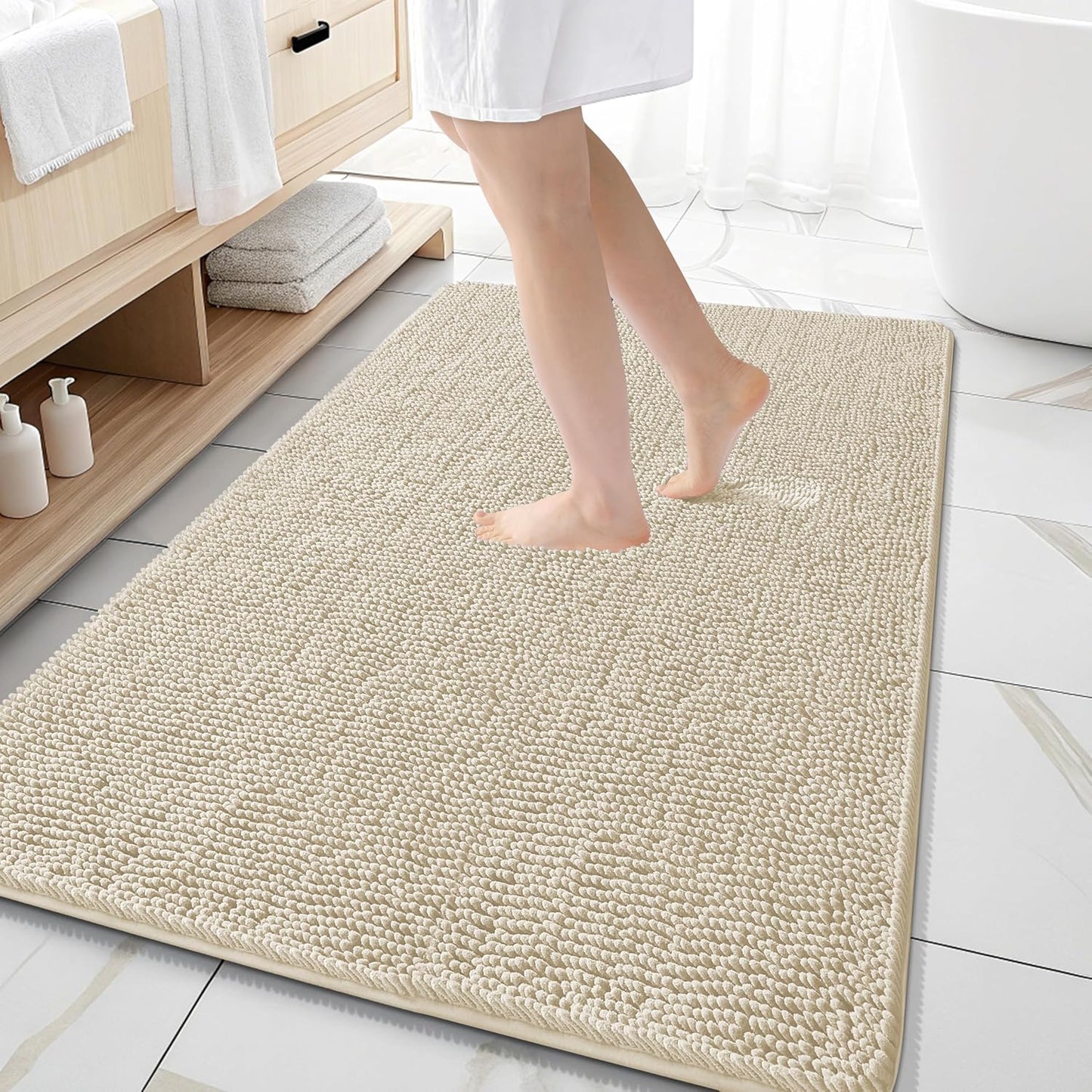 OLANLY Large Bath Rugs - Extra Soft Chenille with Rubber Backing | Quick Dry, Machine Washable, 59x35, Sand