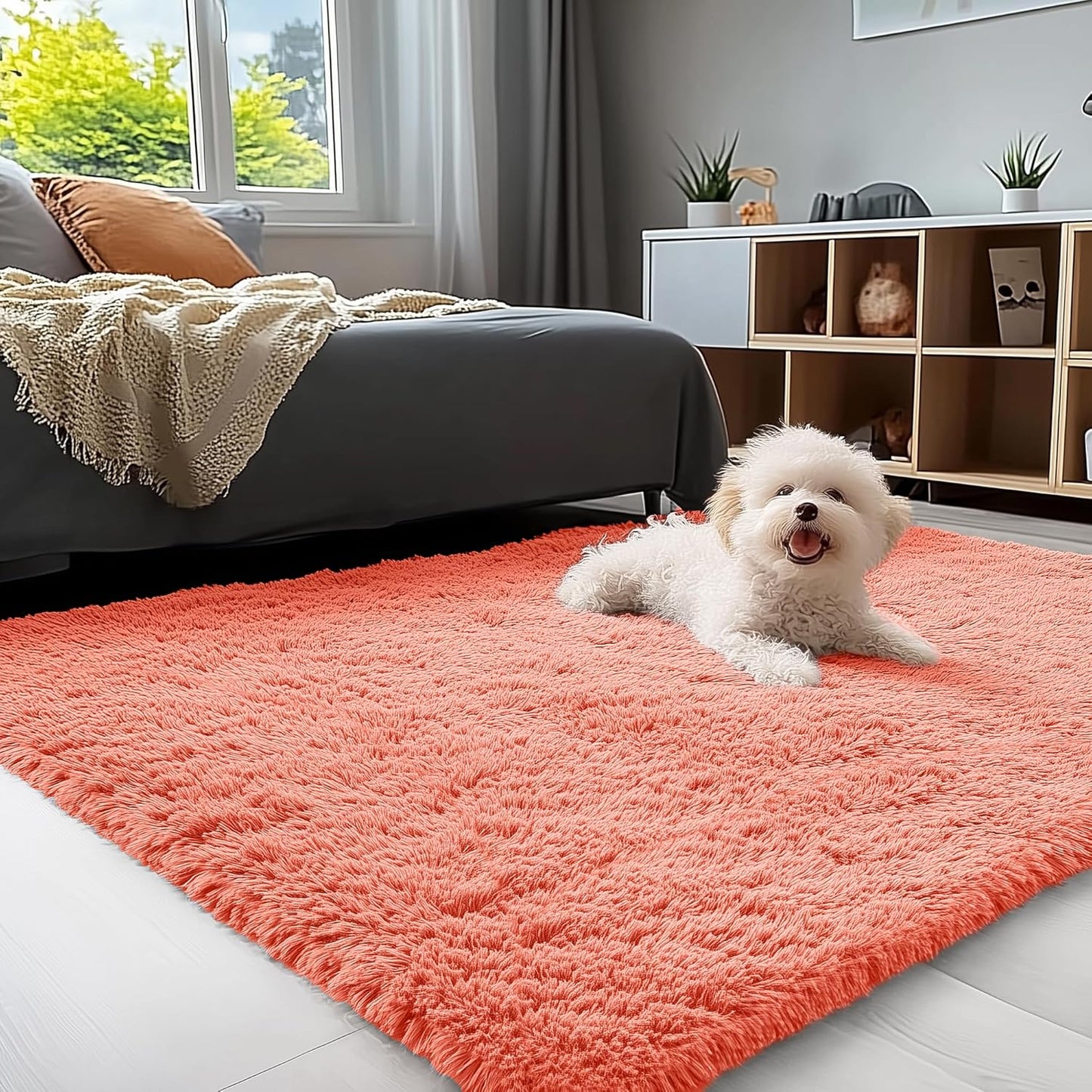 OLANLY Small Bedside Rug - Soft Fluffy Shaggy Carpet for Living Room & Bedroom | Coral Red, Machine Washable